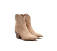 iKrush Women's Khaki Faux Suede Western Ankle Boots | Block Heel Pointed Toe Cowboy Style