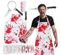 IKSAMY Blood-Soaked Butcher Costume Set for Halloween - Complete Horror Outfit with Apron, Knife Headband & Zombie Scars, Unisex Adults Fancy Dress