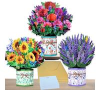 IKSAMY Paper Flower Bouquet Cards Pop Up - 3 Pack Paper Flowers Greeting Cards, Get Well Cards Women 3D Birthday Cards Popup Gifts with Note Cards and Envelopes for All Occasions