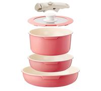 IKTU Ceramic Pots and Pans Set Non Stick Pink, 5Pcs Nonstick Cookware Set with Detachable Handle RV Camping Induction Kitchen Cookware Set Non Stick, PFAS PFOA & PTFE Free