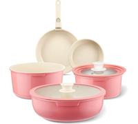 IKTU Pink Nonstick Ceramic Pots and Pans Set, 8 Piece Nonstick Cookware Set with Detachable Handle, Induction Cookware Set for RV Camping, Free