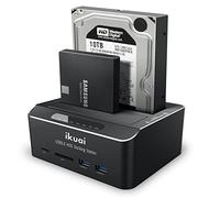 ikuai SATA to USB 3.0 Dual Bay Hard Drive Dock for 2.5"/3.5" SATA HDD SSD with Micro SD Card Reader 2 USB 3.0 Port, Offline Clone Function External Hard Drive Docking Station, 2X20TB and UASP Support