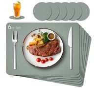 IKWOLETI Washable Table Placemats with Coasters - PU Leather Place Mats for Table - Double-Sided Placemats Ideal for Kitchen and Office, Set of 6, Sage Green