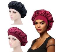 iLamvie 2 Pcs Silk Bonnet,Satin Bonnet,Hair Bonnet For Sleeping,Bonnet,Soft And Comfortable Silk Sleep Cap(Black+red)