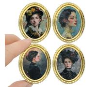 iLAND Miniature Dollhouse Accessories, 4 Dollhouse Picture Frame Set with 4 Beauty Portraits (4 Gold Oval Frames with 4 Pictures)