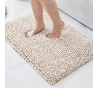 ILANGO Beige and White Bathroom Rugs 24" × 17" Small Non Slip & Super Absorbent Extra Thick Soft, Washable Bath Mat for Floor, Microfiber Plush Shaggy Bath Rug with Rubber for Bathtub Shower Room Sink