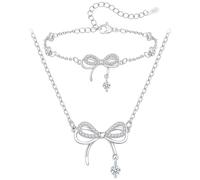 ilasif 2PCS Bow Jewellery Set for Girls, Bow Bracelet Necklace Set with Zircon Pendant, Adjustable Girls Jewellery Set Party Birthday Christmas Gifts for Daughter Granddaughter