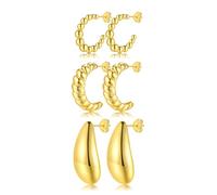 ilasif Gold 18K Chunky Earrings Set for Women, 3 Pairs Bull Horn Half Hoop Gold Earrings Round Ball Open Hoops