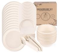 ilauke 170Pcs Disposable Paper Plates and Cutlery Set, Party Tableware Including 40 Paper Plates, 50 Napkins, 20 Knives, 20 Spoons, 20 Forks, 20 Bowls for Birthday Wedding BBQs, Biodegradable