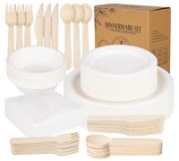 ilauke 170Pcs Paper Plates and Cutlery Set, Party Tableware Including 40 Paper Plates, 50 Napkins, 20 Knives, 20 Spoons, 20 Forks, 20 Bowls for Birthday Wedding BBQs, Biodegradable, White