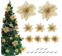 ilauke 30pcs Christmas Gold Glitter Poinsettia Flowers, Artificial Fabric Simulation Flowers for Wedding Christmas Tree New Year Ornaments, Come with 35pcs Metal Alligator Clips (Hollow Style)