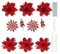 ilauke 34Pcs Christmas Glitter Poinsettia Artificial Flowers Set, Christmas Tree Ornaments, with Glitter Snowflake and Berry Stems, Christmas Wreath Garland Decorations, Wedding Decoration, Red