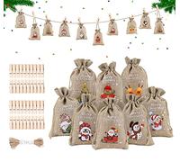 ilauke 36 Pcs Christmas Jute Gift Bags 10 x 15cm, Jute Bags Multipack, Small Drawstring Bags with 10m Hemp Rope and 40 Wooden Clips, Party Bags for Candy Cookie Xmas Gift Wrapping