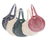 ilauke 5 Pcs String Bags Shopping, Portable and Washable Cotton Reusable Grocery Mesh Bags with Long Handle, Cotton Mesh Produce Bag Set for Fruit and Vegetables(4 Color)
