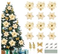 ilauke 50Pcs Christmas Poinsettia Artificial Flowers Set, Glitter Butterfly and Berry Stems for Christmas Tree Decorations, Garland Wreath Decoration for Wedding, Gold