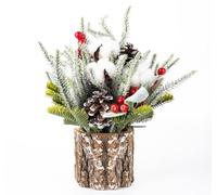 ilauke Mini Christmas Tree, Mini Potted Artificial Tabletop Christmas Tree with Pine Cones, Cottons and Red Berries Ornaments, Miniture Snowing Pine trees with Wooden Bases for Xmas Home Decor