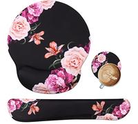 iLeadon Mouse Pad with Wrist Support Keyboard Wrist Rest Set, Ergonomic Mouse Pad with Non-Slip Base for Computer Laptop Home Office + Coasters, Easy Typing & Pain Relief Mouse Mat, Peony Flowers
