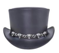 ILHAN LUXURY Leather Skull Chain Top Hat - Steampunk Gothic Biker Cowhide Handmade Cosplay Festival Hat (UK, Alpha, XL) Black