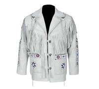 ILHAN LUXURY Men's Western Leather Fringe Jacket - White Suede Cowboy Coat with Beaded Native American Design, Tribal Rodeo Style (UK, Alpha, M, Regular, Regular)