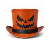 ILHAN LUXURY Orange Halloween Leather Top Hat - Spooky Jack O'Lantern Pumpkin Face Design for Costumes, Cosplay, and Party Apparel, Medium