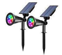 ILIKEPOW 2pcs Solar Spotlights Outdoor 7 LED RGB Lighting Colours Changing Landscape Lights Waterproof Ground Light Wall Security Lighting Auto On/Off for Pathway, Walkway, Patio, Yard