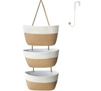 ililmmoe Over the Door Hanging Basket for Organizing 3 Tiers Woven Cotton Rope Wall Mount Storage basket Decorative Kitchen Hanging Organizer Bathroom include 1 door hook Flaxen+White