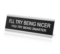 I'll Try Being Nicer You Try Being Smarter Desk Sign, Funny Office Decorative Novelty Nameplate Humor Desk Plaque Accessories Naughty Gift for Coworker Colleague Manager Boss Teacher (Silver Frame)