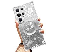 Illians Magnetic Case Made for Samsung Galaxy S25 Ultra 6.9 Inch Glitter Phone Case with Silver Floral Cherry Blossom Design Soft TPU Reinforced Corners Shockproof Bling Phone Cover for Women