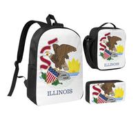 Illinois State Flag 17 Inch Backpack Lunch Bag Pencil Case Set, Cute Print, Durable Oxford Cloth.