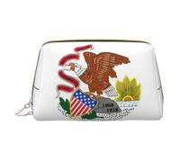 Illinois State Flag Leather Hand-Held Zipper Makeup Bag Storage Bag Portable Lipstick Pouch Toiletry Bag