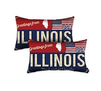 Illinois Throw Pillow Cover 12x20 Set of 2, Illinois Decor Gift Souvenir, American Flag License Plate Lumbar Pillowcase, Greetings from The Land of Lincoln(IL, USA) - Cushion Case Sham, No Inserts