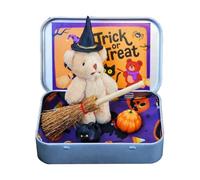 Illkjasfc Halloween Themed Stuffed Set With Miniature Broom Blanket Pumpkin Decorative Iron Box For Home Party Decorations Tiny Necromancer Bear Deck