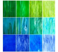 ILLUCKAI 12 Sheets Blue+Green Stained Glass Sheets Variety Pack, 6 x 4 inch Stained Glass Kit Supplies for Mosaic Glass Projects