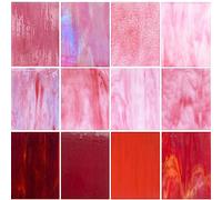 ILLUCKAI 12 Sheets Mixed Red Pink Stained Glass Sheets, 4 x 6 inch Stained Glass Supplies Mosaic Glass Tiles for Crafts, Cathedral Glass Art Glass for Stained Glass Beginners and Hobbyists