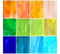 ILLUCKAI 12 Sheets Stained Glass Sheets Orange Green Blue Colors, 4 x 6 inch Cathedral Art Glass for Crafts, Stained Glass Supplies Mosaic Tiles for Projects