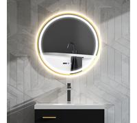 HOMCOM 800mm Round Bathroom Mirror with LED Lights, Wall Mounted Backlit Illuminated Bathroom Mirror with Demister, 3 Colours Dimmable, Memory Function, Touch Switch, Time and Temp Display, Gold Tone