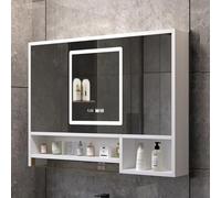 Illuminated Bathroom Medicine Cabinet Mirror Wooden Storage Mirror with Defogger Cosmetic Mirror with Time Display Smart Bathroom Cabinet with Ample Storage