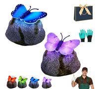 Illuminated Butterfly Stone Garden Light, Glowing Landscape Rock Figurine Lamp, Solar LED Butterfly Garden Statue with Light-Up Wings, Whimsical Garden Glow for Flower Bed,Patio (Blue+Purple)