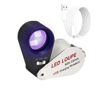 Illuminated Jewelers Loupe Magnifier 40x, Rechargeable Jewelers Loupe Foldable Jewelry Magnifier LED Loupe Triplet with 6 LEDs & UV Light for Gems, Jewelry, Coins, Stamps, etc