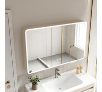 Illuminated LED Bathroom Mirror Cabinet with Smart Defog Button HD Vanity Makeup Mirror Stylish Medicine Cabinet Storage - Beige 60x13x70cm