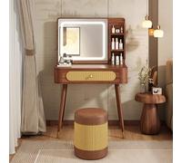 Illuminated Makeup Vanity Table with Drawers, Wooden Dressing Table with Stool, 3 Color Lighting Modes, Spacious Shelves, Compact Size 80x40x60.5cm, Ideal for Small Spaces