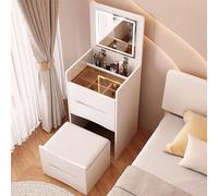 Illuminated Makeup Vanity with Folding Mirror Drawer & Tri-Color LED Lighting Modern Cosmetic Table & Stool Set for Beauty Lovers