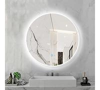 Illuminated Round Bathroom Mirror with Touch Sensor 3 Color Dimming Wall Mounted Aluminum Alloy Frame 50 x 50 cm Modern White Design for Makeup & Vanity