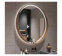 Illuminated Round LED Bathroom Mirror with Wooden e, 3 Color Dimmable Light, Wall-Mounted Vani Mirror with Sto Shelf, 80x80cm, Modern Design