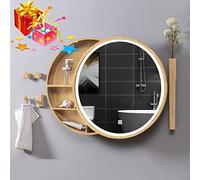 Illuminated Round Wall-Mounted Medicine Cabinet with Sliding Mirror, Walnut Finish, 50cm - Modern Bathroom Storage with LED Lights