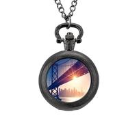 Illuminated San Francisco Skyline Vintage Pocket Watch Alloy Pendant Watches Necklace Gift for Men Women Black-Style
