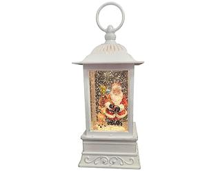 Illuminated Santa Lanterns with Musical Snow Globe Black & White Festive Christmas Decorations USB & Battery Operated Shimmering Snow Scene Solar Powered (White Lantern Santa Holding Gifts)