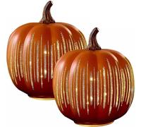 Illuminated Starry Night Glass Pumpkins,Twinkle Light Pumpkins for Halloween Decor,Lighted Sparkling Starry Night Glass Pumpkin, Fall and Thanksgiving Decorations for Bedroom Hallway (2pcs Yellow)