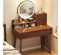 Illuminated vanity table with 3 color LED mirror 2 large drawers and 2 shelves wood small for the bedroom 80 cm wide vanity station