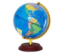 Illuminated World Globe for Kids Wooden Base with Detailed Colorful World Map Built-In LED Bulb Educational Gift Nightstand Decor 9.8 Inch Blue